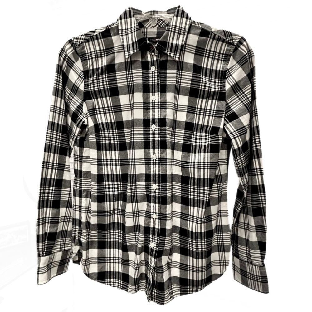 Talbots Long Sleeve Button Down Black/White Cotton Plaid Blouse Womens Sz XS